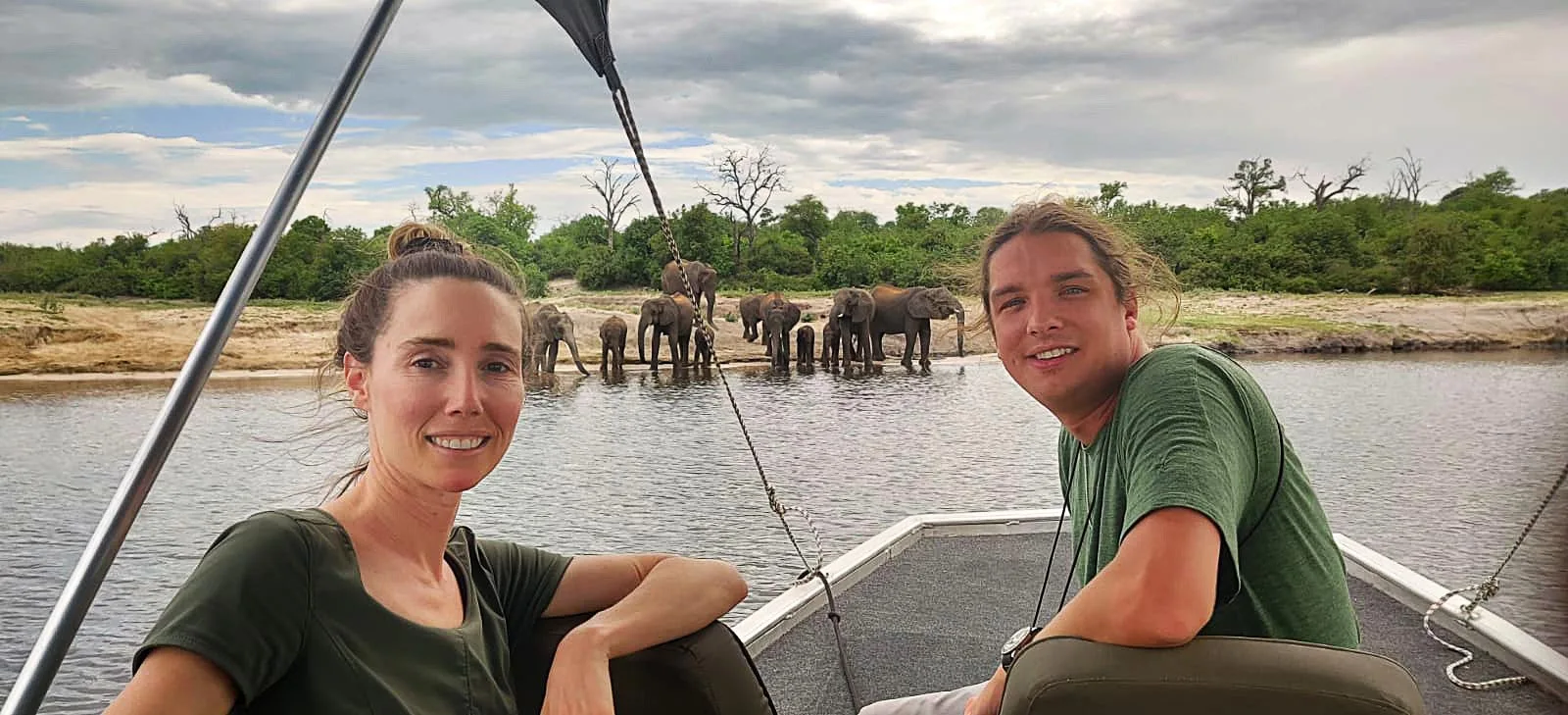 Stephanie & Jared on honeymoon enjoying a boat safari on the Chobe River in Botswana.